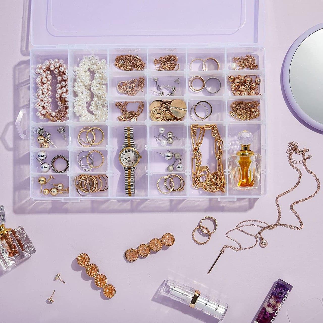 Version 1.0.0 Plastic 36 Grid Cells Multicolor purpose Jewelry Organizer Rectangular Storage Box, with Adjustable Dividers, Transparent Storage Organizer Box for Jewelry Beads Earring - Image 1