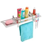 4 in 1 Stainless Steel Bathroom Shelf Multipurpose Home Accessories Organizer Set Corner Wall Mount Rack with Mirror Finish Holder for Towel Soap & Toothbrush (Pack of 1, Silver)