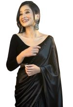 Women’s Ready to Wear Black Satin Silk 1 Minute Pre Pleated Heavy Saree With Hand Work Lace