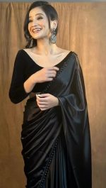 Women’s Ready to Wear Black Satin Silk 1 Minute Pre Pleated Heavy Saree With Hand Work Lace - Image 4