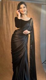 Women’s Ready to Wear Black Satin Silk 1 Minute Pre Pleated Heavy Saree With Hand Work Lace - Image 3