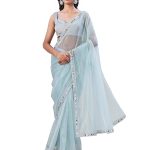 Women’s Blue colored designer shimmer net saree with mirror work border