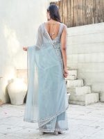 Women’s Blue colored designer shimmer net saree with mirror work border - Image 2
