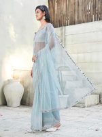 Women’s Blue colored designer shimmer net saree with mirror work border - Image 5