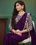 Women’s Georgette Sequence Embrodery Scollped Border Saree With Unstitched Blouse Piece - Image 3