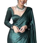 Women’s Ready to Wear Castleton Green Plain Satin Silk 1 Minute Pre Pleated Saree with Unstiched Blouse