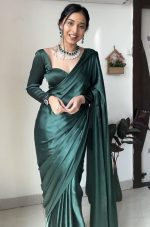 Women’s Ready to Wear Castleton Green Plain Satin Silk 1 Minute Pre Pleated Saree with Unstiched Blouse - Image 4