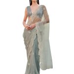 Women’s Grey colored embroidered net saree with scalloped border