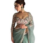 Exquisite Net Saree – Intricate Embroidery & Moti Work with Unstitched Blouse, Saree for Womens and Girls Sky