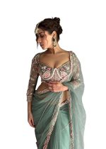 Exquisite Net Saree – Intricate Embroidery & Moti Work with Unstitched Blouse, Saree for Womens and Girls Sky