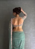 Exquisite Net Saree – Intricate Embroidery & Moti Work with Unstitched Blouse, Saree for Womens and Girls Sky - Image 2