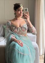 Exquisite Net Saree – Intricate Embroidery & Moti Work with Unstitched Blouse, Saree for Womens and Girls Sky - Image 3