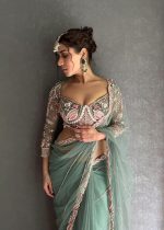 Exquisite Net Saree – Intricate Embroidery & Moti Work with Unstitched Blouse, Saree for Womens and Girls Sky - Image 4