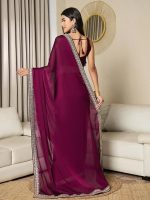 Women’s Satin Solid Ready To Wear one Minute Saree With Unstitched Blouse Piece (Magenta) - Image 2