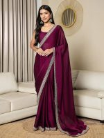 Women’s Satin Solid Ready To Wear one Minute Saree With Unstitched Blouse Piece (Magenta) - Image 5