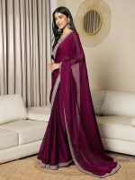 Women’s Satin Solid Ready To Wear one Minute Saree With Unstitched Blouse Piece (Magenta) - Image 4