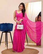 Women Soft Georgette Stylish Printed Ready To Wear Saree With Unstitched Blouse (Pink) - Image 4