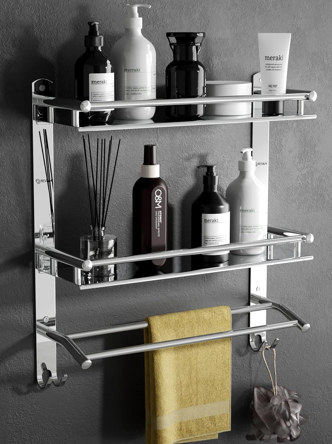 ouble Layer Shelf1 Multipurpose Stainless Steel Double Layer Shelf with Towel Rod I Multipurpose Wall Mount Bath Shelf Organizer l Bathroom Shelf and Rack I Bathroom Accessories - Chrome Finish, Silver - Image 1