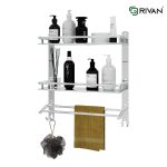 Multipurpose Stainless Steel Double Layer Shelf with Towel Rod I Multipurpose Wall Mount Bath Shelf Organizer l Bathroom Shelf and Rack I Bathroom Accessories - Chrome Finish, Silver - Image 3