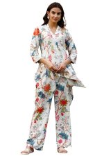 Women Ethnic Kurta Set | Rayon Co-Ord Set | Fancy Pajama Set | Floral Printed Top & Pant Set | Full Pair Set | A-line Kurta Set for Women (White)