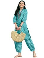 Women's Cotton Blend Printed Kurta Set (Rama)
