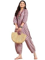 Women's Cotton Blend Printed Kurta Set (Purple)