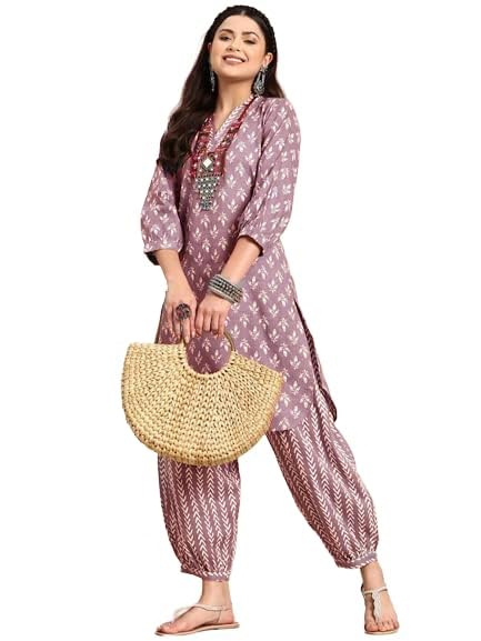 Version 1.0.0 Women's Cotton Blend Printed Kurta Set (Purple) - Image 1