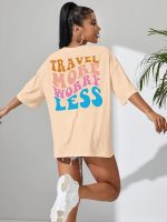 Cotton Half Sleeve Printed Oversized t Shirts for Women (Beige) - Image 2