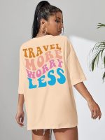 Cotton Half Sleeve Printed Oversized t Shirts for Women (Beige) - Image 3