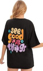 Cotton Half Sleeve Printed Oversized t Shirts for Women (Black) - Image 2