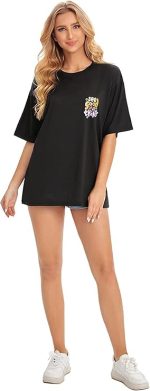 Cotton Half Sleeve Printed Oversized t Shirts for Women (Black) - Image 4
