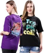 Women's Cotton Blend Oversized Fit Oversized Tshirt | Oversized Tshirt - Pack of 2 (Black & Cream))