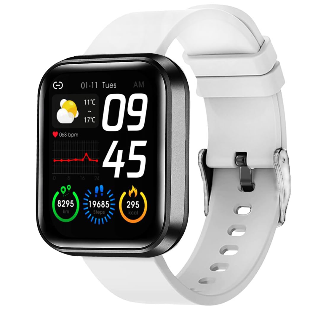 D116White1 Fitness Band Smart Watch for Men, Women, Boys, Girls, Kids – Single Touch Interface, Water Resistant, Workout Modes, Quick Charge Sports Smartwatch – White - Image 1