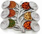 Decorative Dry Fruit Box Set with 6 Compartments, Silver Tree Design Serving Tray, Metal Snack Container with Lids