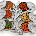 Decorative Dry Fruit Box Set with 6 Compartments, Silver Tree Design Serving Tray, Metal Snack Container with Lids