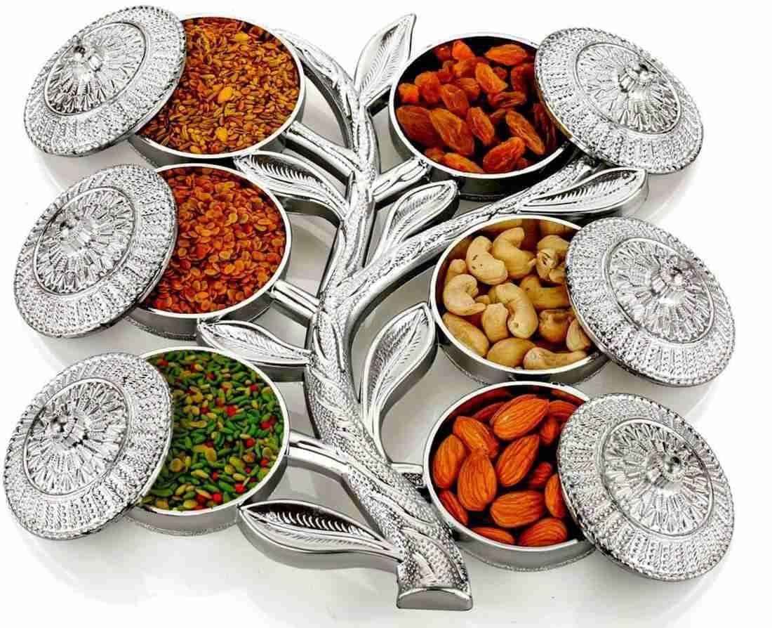 Dry Fruit1 Decorative Dry Fruit Box Set with 6 Compartments, Silver Tree Design Serving Tray, Metal Snack Container with Lids - Image 1