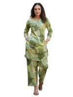 Women's Cotton Blend Green Printed V-Neck Co-ord Set | Daily & Casual Wear