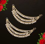 Brass copper Gold kanchain 3 layer long bridal wedding ear kan chain Champaswaralu earchains Ear Chains for Hair Jhumka Jhumki kanoti moti pearl Traditional Earrings for women girls Golden - Image 2