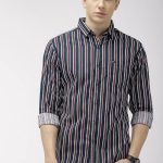 Men's Cotton Slim Fit Multi Striped Full Sleeves Cutaway Collar Casual Shirt (Navy Blue)