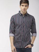 Men's Cotton Slim Fit Multi Striped Full Sleeves Cutaway Collar Casual Shirt (Navy Blue)