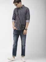 Men's Cotton Slim Fit Multi Striped Full Sleeves Cutaway Collar Casual Shirt (Navy Blue) - Image 3