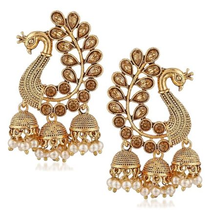 Traditional South indian Temple Ethnic Zinc Metal Alloy 18K High Gold Plated Pearl Moti Peacock Jhumki Triple Jhumka Earrings for Women Girl Ladies Stylish