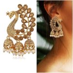 Traditional South indian Temple Ethnic Zinc Metal Alloy 18K High Gold Plated Pearl Moti Peacock Jhumki Triple Jhumka Earrings for Women Girl Ladies Stylish - Image 3