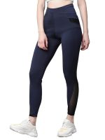 Gym wear Mesh Leggings Workout Pants with Side Pockets/Stretchable Tights/Highwaist Sports Fitness Yoga Track Pants for Women & Girls (Navy Blue)