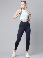 Gym wear Mesh Leggings Workout Pants with Side Pockets/Stretchable Tights/Highwaist Sports Fitness Yoga Track Pants for Women & Girls (Navy Blue) - Image 5
