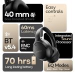 Q Over Ear Bluetooth Headphones with 70H Playtime, 40mm Bass Drivers, Zen™ ENC Mic, Type-C Fast Charging, 4 EQ Modes, BTv 5.4, AUX Option, Easy Control, IPX5 headphones wireless with mic (Black) - Image 6