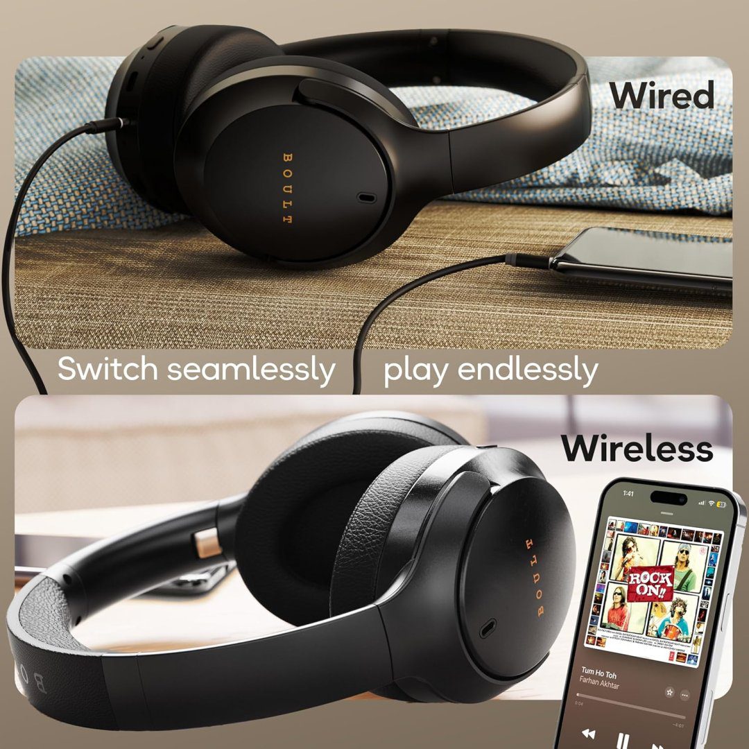 QOverBlack7 Q Over Ear Bluetooth Headphones with 70H Playtime, 40mm Bass Drivers, Zen™ ENC Mic, Type-C Fast Charging, 4 EQ Modes, BTv 5.4, AUX Option, Easy Control, IPX5 headphones wireless with mic (Black) - Image 3