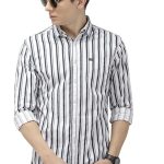 Men's Cotton Slim Fit Multi Striped Full Sleeves Cutaway Collar Casual Shirt (Snow White)