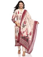 Women's Cotton Hand Block Printed with Thread Work Straight Kurta Pant with Dupatta Set Off (White & Rust)