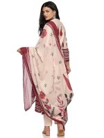 Women's Cotton Hand Block Printed with Thread Work Straight Kurta Pant with Dupatta Set Off (White & Rust) - Image 2